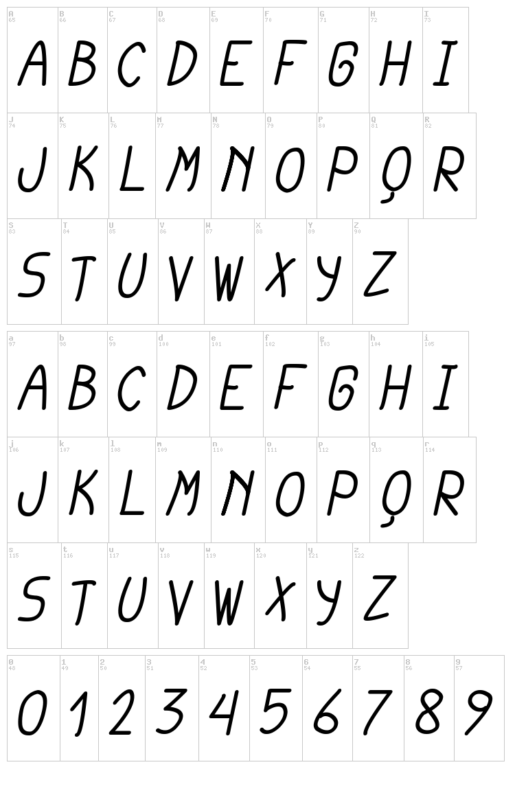 Cursi Extra TFB font map